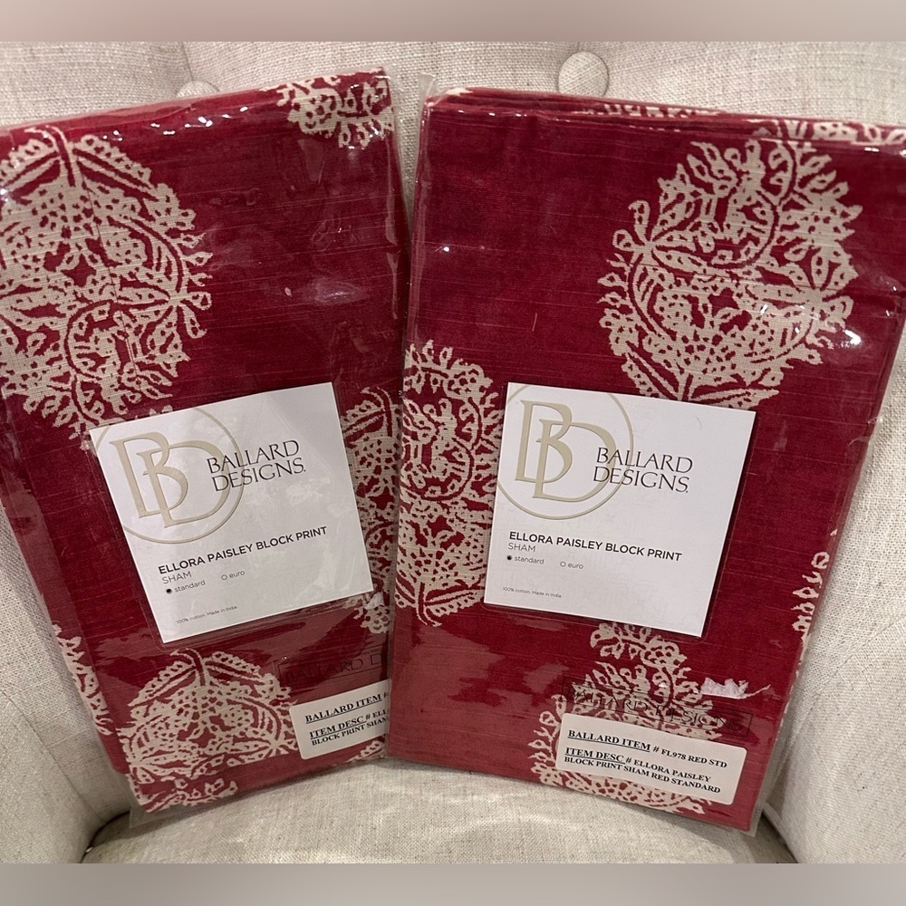 Ballard Designs Set of 2 Ellora Paisley Standard Pillow Shams Red Luxury *NEW*